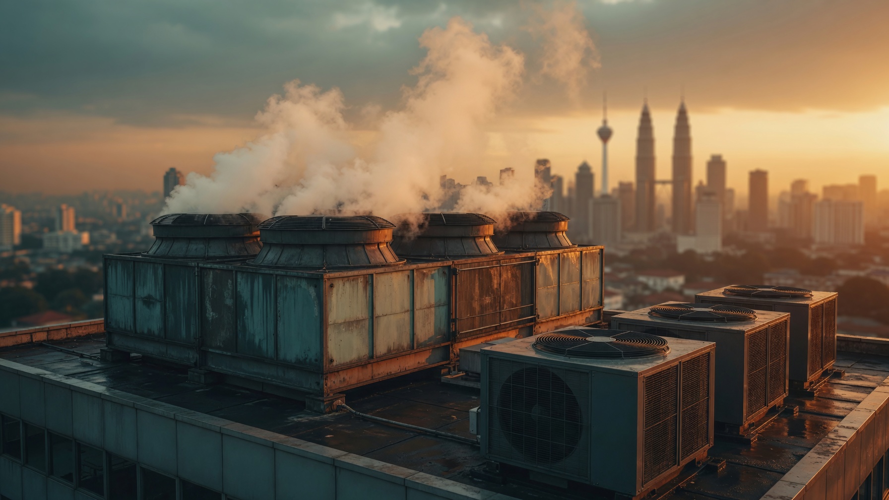 Industrial HVAC systems on rooftop with Kuala Lumpur skyline at sunset