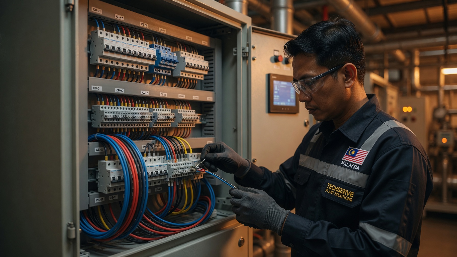 Electrician maintaining electrical panel