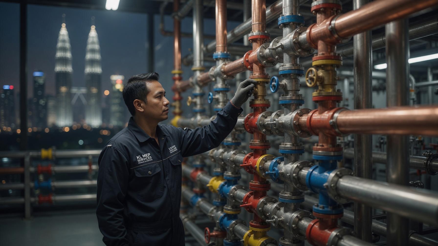 Technician inspecting copper piping
