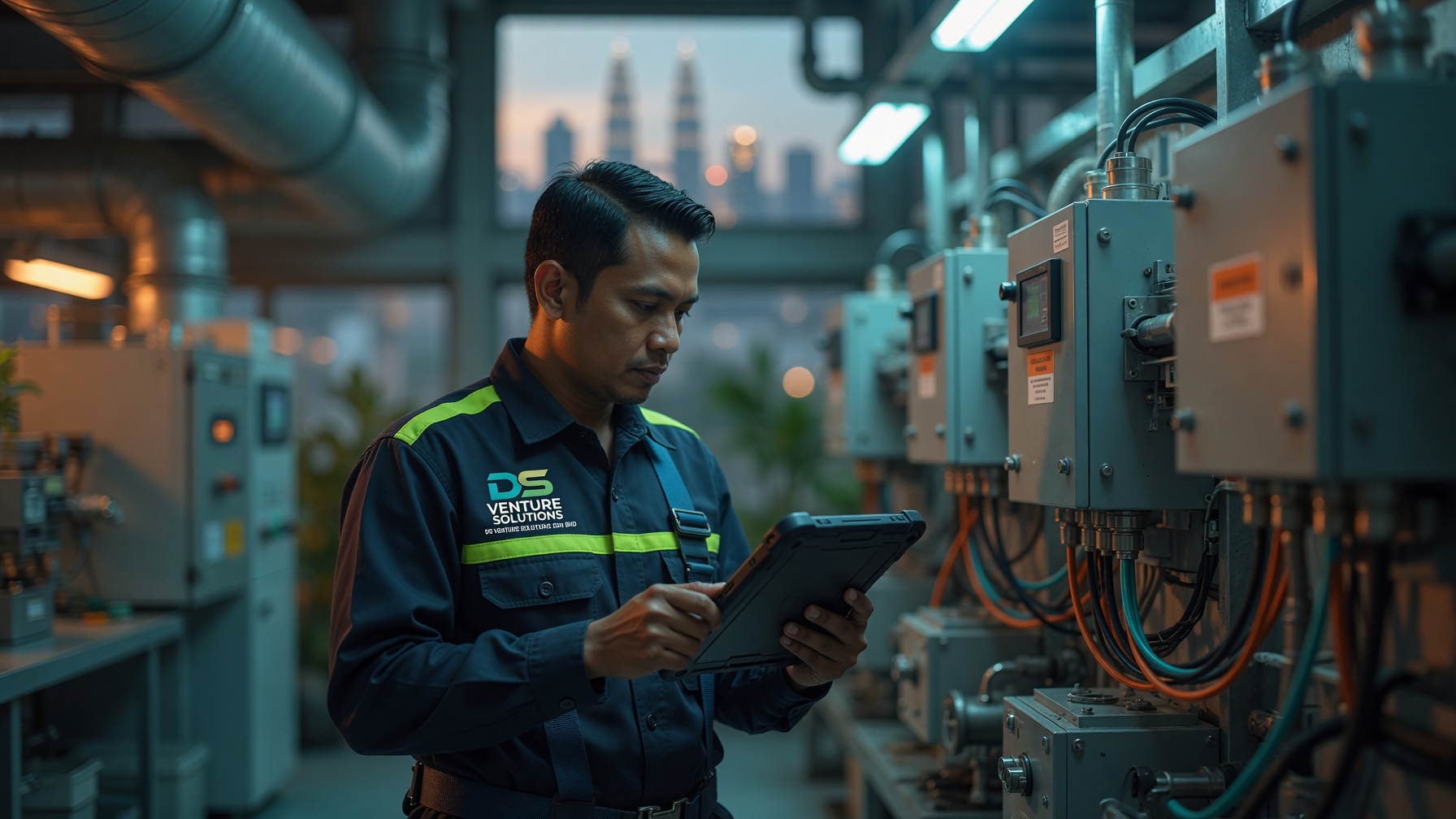 DS Venture technician with tablet inspecting electrical panels